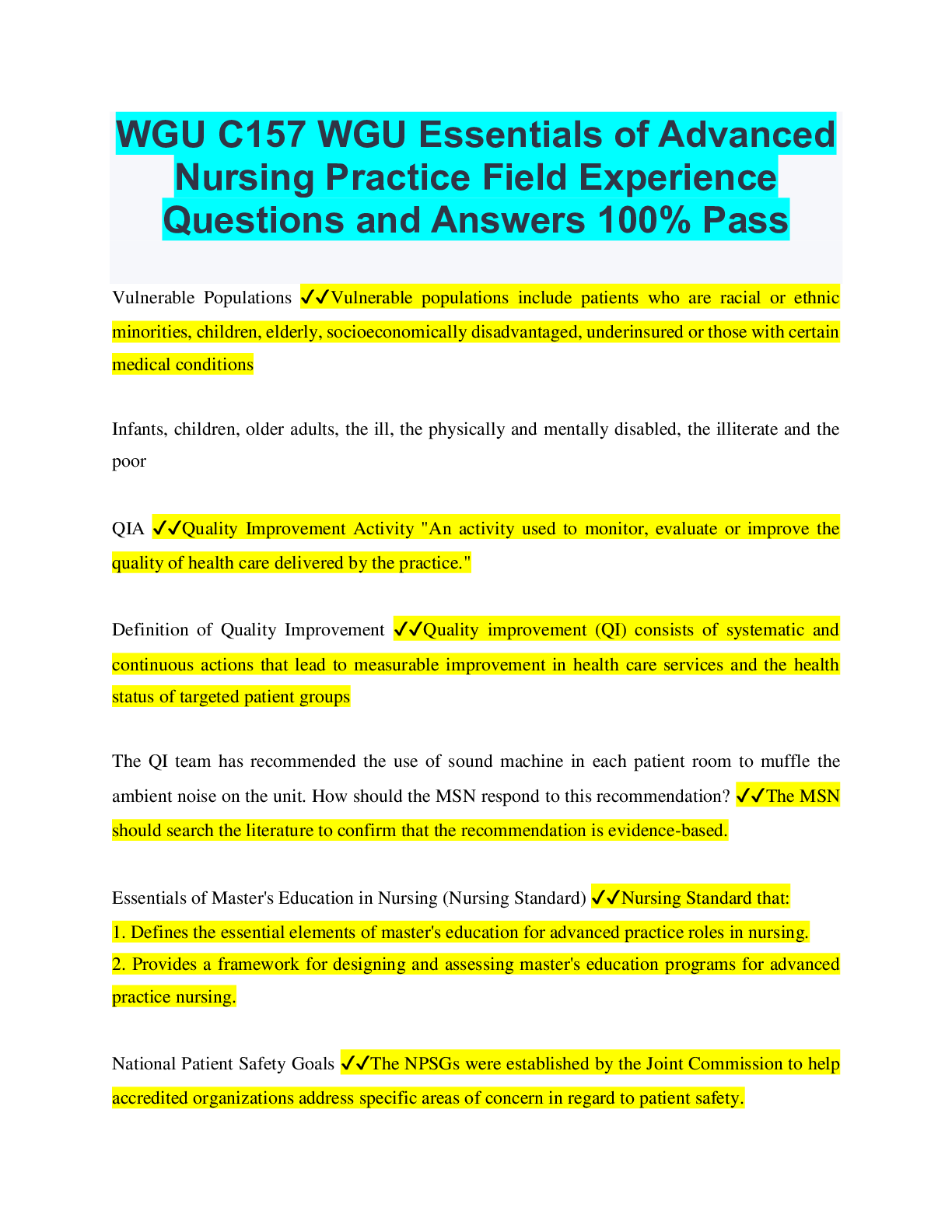 Preview of WGU C157 WGU Essentials of Advanced Nursing Practice Field Experience Questions and Answer